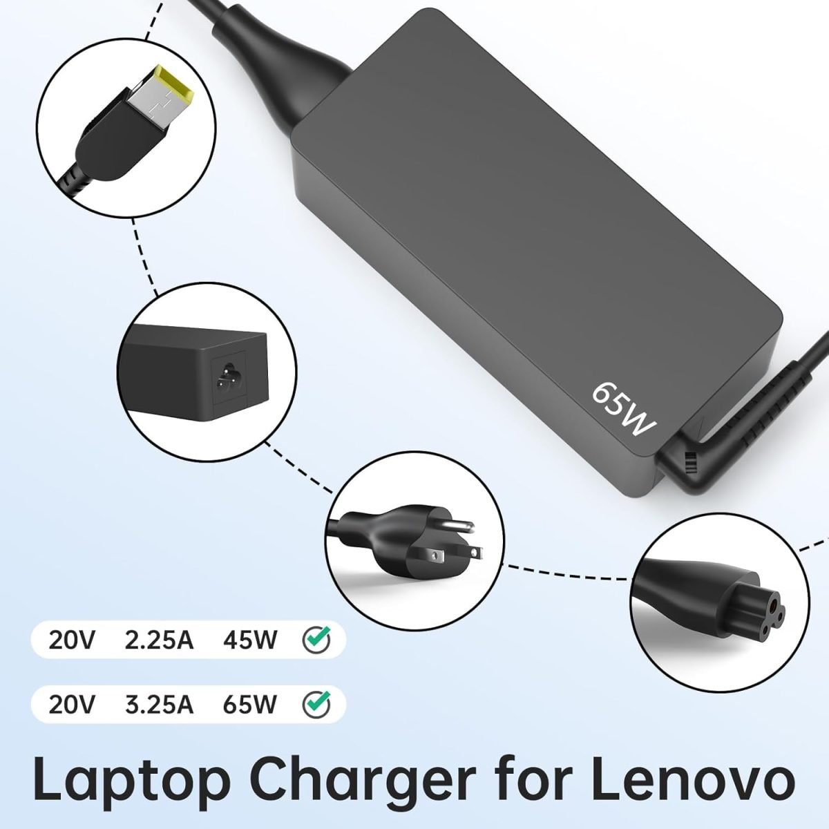 Lenovo 65W USB Slim Tip Rectangular pin Laptop Adapter/Charger with Power Cord for Select Models of Lenovo Laptops (888015000, Black)