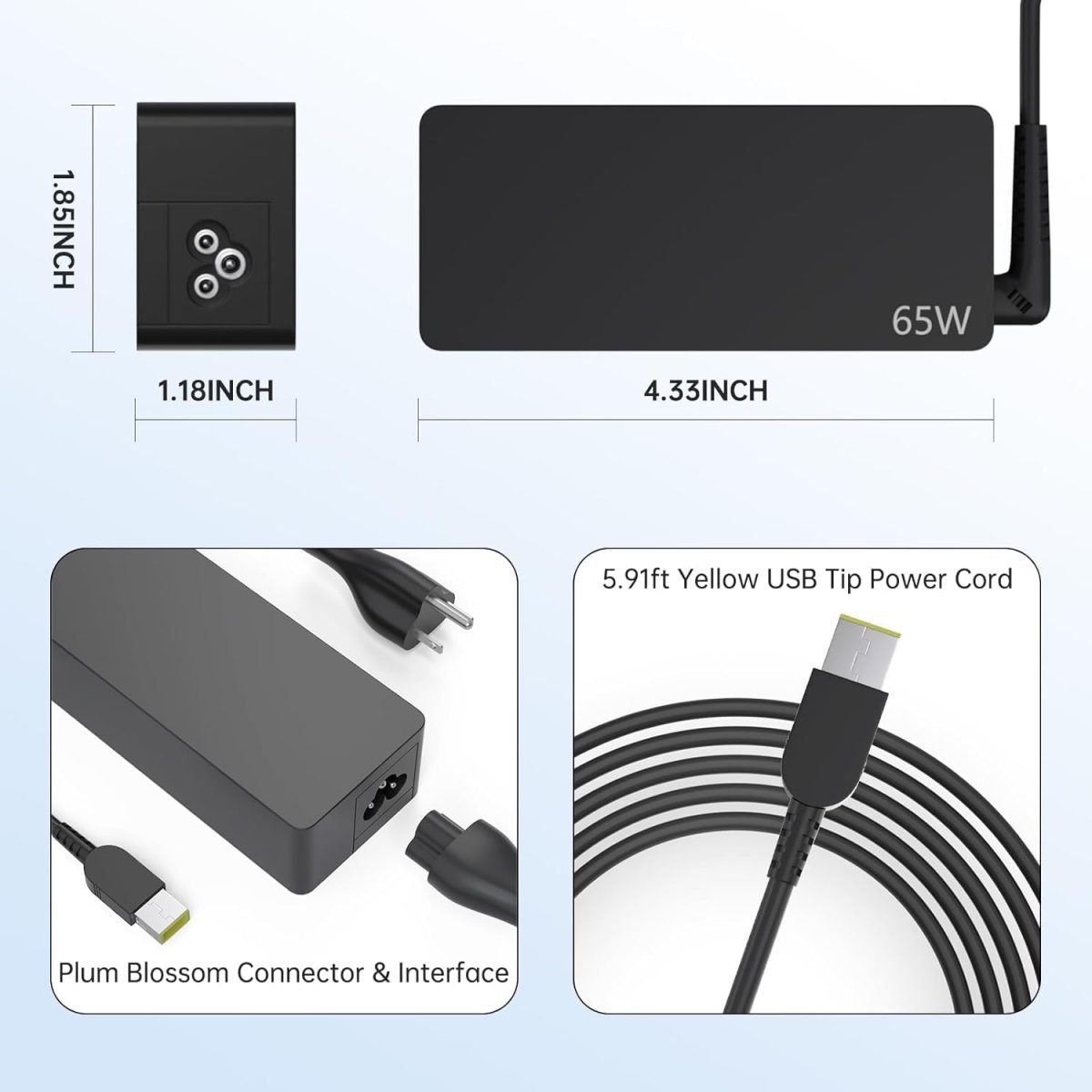 Lenovo 65W USB Slim Tip Rectangular pin Laptop Adapter/Charger with Power Cord for Select Models of Lenovo Laptops (888015000, Black)