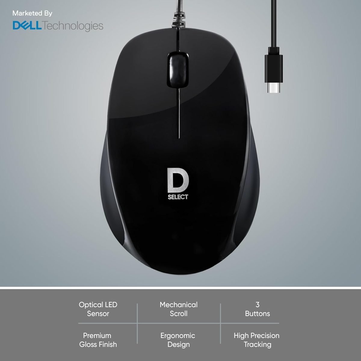 D SELECT Wired Mouse DS112-Black with USB Type C Connector, 1200DPi, Lightweight | Marketed by Dell